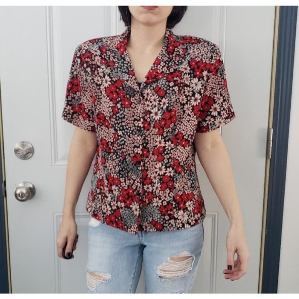 Vintage 90s Red Floral‎ Button Down
